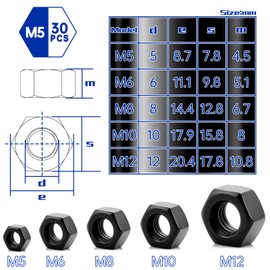 Pack of 30 M5 Nuts Black Galvanised Hex Nuts Steel High Quality Nuts for Screws Washers Threaded Rods Bolts Couplings Fasteners for Indoor and Outdoor Use