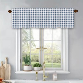 Blue White Check Plaid Pattern Windows Treatment Valances Gingham Kitchen Curtains Rustic Blackout Drapes Topper Panel with Rod Pocket for Bathroom Bedroom Living Room 54x18Inch