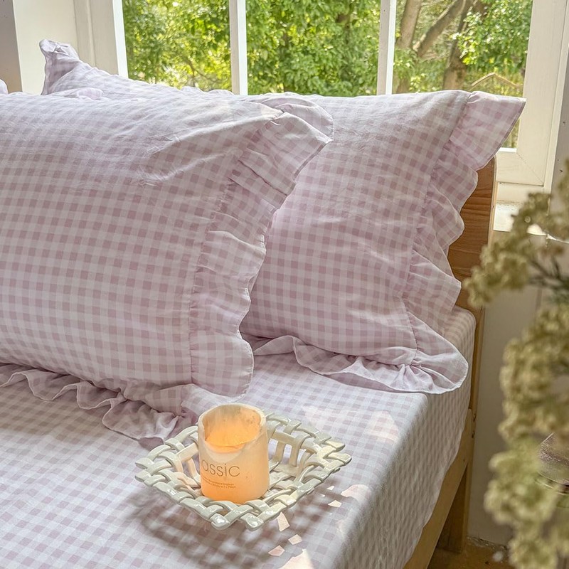 NSNLGSGC Pink Gingham Ruffle King Sheet Set, Pink Soft Pre-Washed