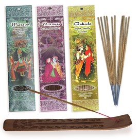Prabhuji's Gifts Matsya, Mukunda, Gokula Hand-Rolled Spiritual Incense Sticks - Aromatic Sticks - for Meditation, Yoga, Relaxation, & Aromatherapy Incense - 3 Packs of 10 Sticks with Wooden Burner