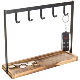MyGift MyGift Black Metal Entryway Key Holder with 5 Hooks and Burnt Wood Base, Tabletop Necklace and Jewelry Organizer Rack with Ring Tray