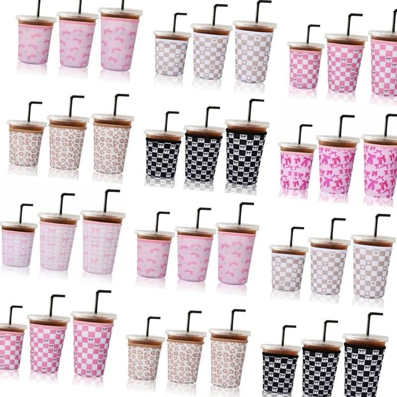 Reusable Ice Coffee Cup Sleeves for Cold Drink 16-32oz(Black Checked