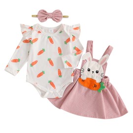 Newborn Baby Girl Easter Outfit Long Sleeve Romper Bunny Skirt Headband Easter Dress 3Pcs Set Carrot 3-6 Months