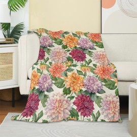 UNDAHIS Vintage Dahlia Flower Blanket, Soft Warm Cozy Blooming Floral Throw Blanket Gifts for Adults Kids Women, Lightweight Fuzzy Comfy Flannel Blankets for Couch, Travel, Bed, House Decor 60×50 Inch