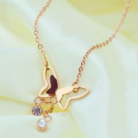 Miaomyao Cubic Zirconia Pink Gold Butterfly Butterfly Stainless Steel Necklace Accessory Women's Gift Box Set, Stainless Steel, Cubic Zirconia