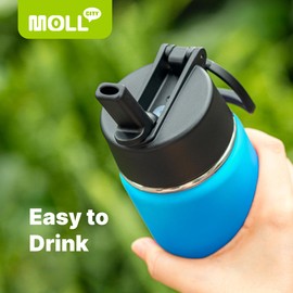 Mollcity Kids Water Bottle-16 oz Stainless Steel Double Wall Vacuum Insulated Wide Mouth Water Bottle with Straw-Metal Travel Water Flask for School Boy and Girl (Sky Blue)