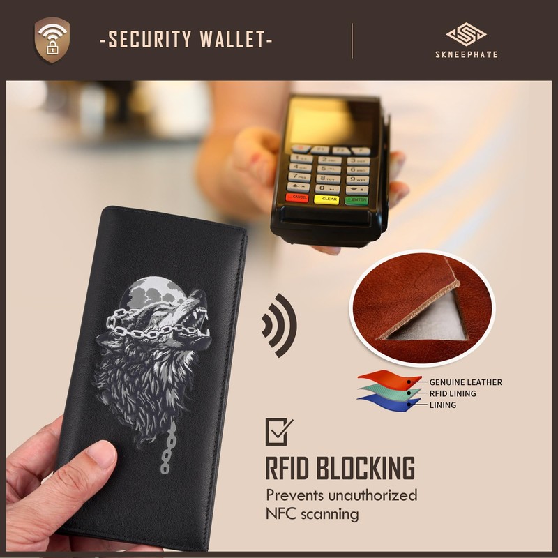 skneephate Wolf Long Wallet For Men,Premium Genuine Leather Checkbook Men's