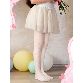 Fourluoo 3 Pairs White Black Lace Tights for Girls Toddler Heart Hollow Sheer Stockings Dance Pantyhose for First Communion(3-5 Years)