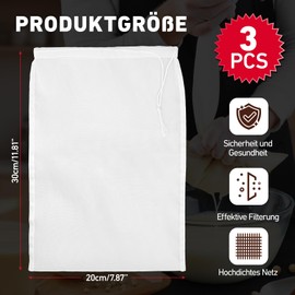 Aerzouser Pack of 3 Nut Milk Bags, Nylon Nut Milk Bags, Organic Washable with Drawstring, Nut Milk Bag, Nut Bag, Reusable Straining Cloth for Nuts, Soy Milk, Juice, Vegetables (Pack of 3)