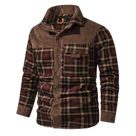 Flygo Men's Flannel Jacket Loose Plaid Sherpa Lined Flannel Shirt Snap Button Warm Winter Jackets Pockets(Coffee-S)