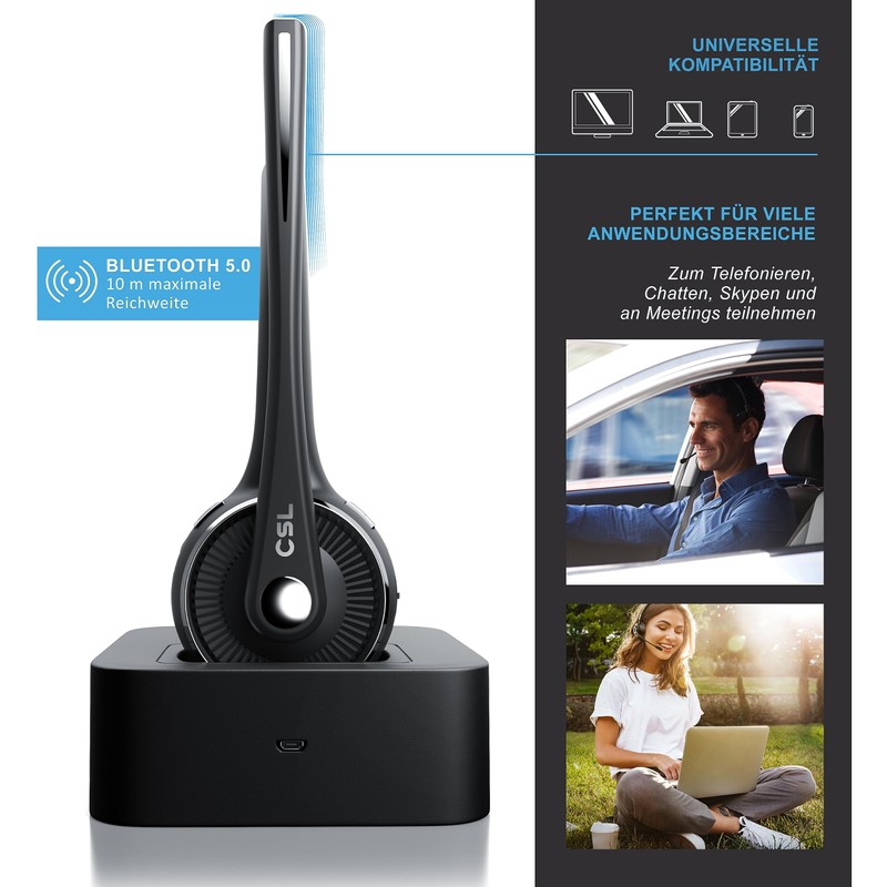 CSL - Headset kabellos mit Ladestation - Bluetooth PC Headset
