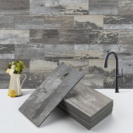 V-MOZZA 100-Piece Faux Stone Peel and Stick Backsplash Tile, Waterproof Thick PVC Stick On Subway Wall Tile for Kitchen Bathroom Laundry Room Fireplace - 3" x 6", Distressed Wood Grain