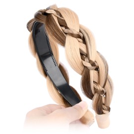 VOPPIS Wide Braided Headband with Teeth Synthetic Hair Plaited Headband Fishtail Braided Hair Band Hairpiece for Girls Women Beauty Accessory (Highlighted, Wide)