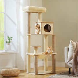 UYMI Wooden Cat Tree, 56.3-Inch Modern Cat Tower for Indoor Cats Large Adult, Multi-Level Cat Condo with Large Hammock, Scratching Posts, Washable Removable Cushion & Non-Slip Jump Platforms, Beige
