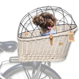 Wiklibox Natural Wicker Dog Bike Basket - 100% Organic Rattan Pet Carrier with Protective Grille - Eco Friendly Design - Soft Cotton Cushion & Mounting Bracket for Secure Bicycle Rear Luggage Rack