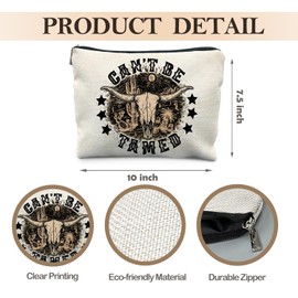 Likjad Boho Western Cow Skull Makeup Bag, Cowgirl Gifts Cosmetic Bags for Women, Wild West Bull Skull Cactus Makeup Pouch, Vintage Western Zipper Pouch