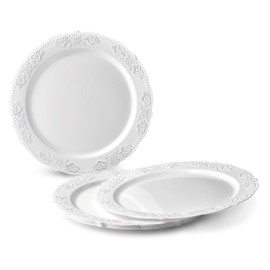 " OCCASIONS" 120 Plates Pack,(60 Guests) Vintage Wedding Party Disposable Plastic Plates Set -60 x 10.25'' Dinner + 60 x 7.5'' Salad/Dessert Plate (Portofino in Plain White)