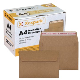 Xxcxpark 120 Qty Printable A4 Invitation Envelopes 4.25 x 6.25 Cards, Self Seal 120GSM Brown Paper Envelopes for Invitations, Papers, Photos, Documents, Wedding, Baby Shower, Easy to Seal and Peel