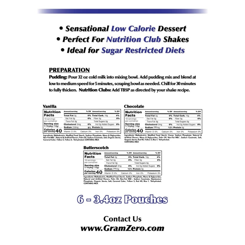 GramZero Variety (Vanilla, Chocolate, Butterscotch) Sugar Free Pudding Mix 6-Pack,