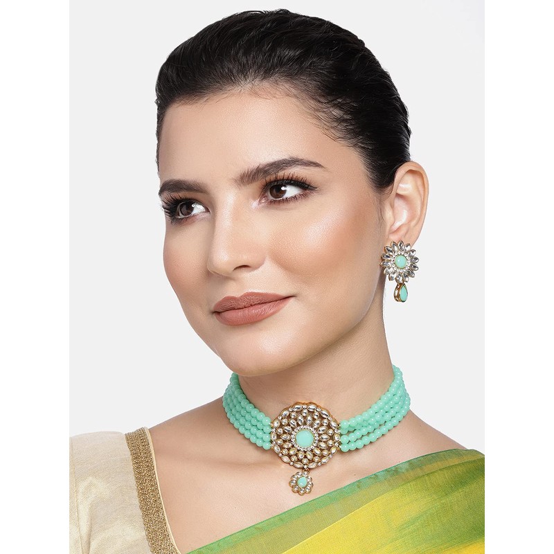 Aheli Kundan Pearl Choker Multi Layered Collar Aretes Set Joyería