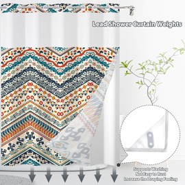 Yanutan No Hook Shower Curtain,Orange Bohemian Double-Layered Shower Curtain with Snap-in Liner and Weights,Colorful Stripe Boho Fabric Bath Curtain with See Through Mesh, 71x74in
