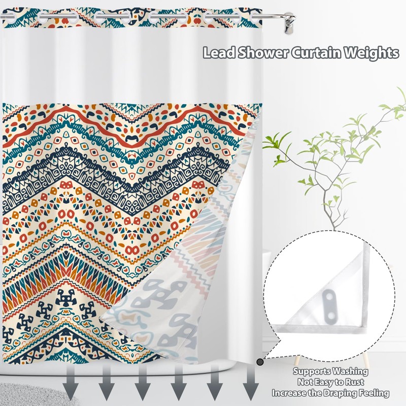 Yanutan No Hook Shower Curtain,Orange Bohemian Double-Layered Shower Curtain with