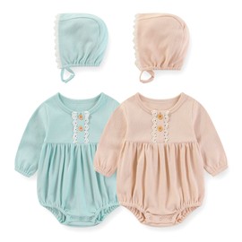 MAMIMAKA Baby Bodysuit Cotton Bubble Romper Newborn Girl Clothes Floral Long Short Bodysuit 4 Pack, 0-3 Months