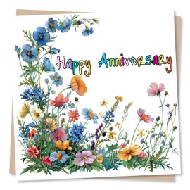 Happy Anniversary Flower Card - Wildflower Design - Colourful and Floral Anniversary Card For Husband, Wife, Girlfriend, Boyfriend, Partner