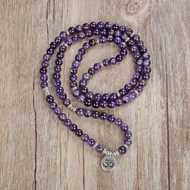 Yoga Symbol 8mm Mala Beads Bracelet 108 Spiritual Necklace Meditation Accessories Jewelry for Women Men Gifts (Amethyst)