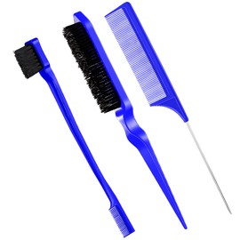 Geiserailie 3 Pcs Slick Back Hair Brush Set Bristle Brush Edge Control Teasing Comb for Women Black Hair(Dark Blue)