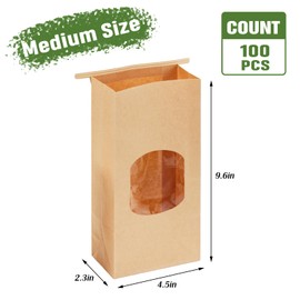 Moretoes 100pcs Cookie Bags for Packaging Bakery Bags with Window, Cookie Bags Coffee Bags Kraft Paper Bags, Tin Tie Tab Bags Brown Window Bags (4.5 x 2.36 x 9.6 Inches)