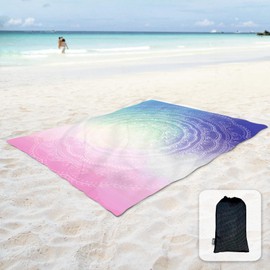 Sunlit Silky Soft Beach Blanket, Sandproof Mat with Corner Pockets, Mesh Pocket, Beach Party, Travel, Camping and Outdoor Music Festival, Blue and Pink Circle Mandala, 215 x 183 cm