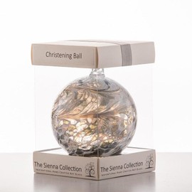 Sienna Glass Christening Friendship Ball – 10cm Handcrafted Silver Glass Ornament with Ribbon – Unique Gift for Baptism or Naming Ceremony