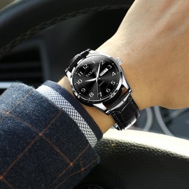 Taxau Men's Watch Leather Men's Watch Leather Strap Watches Men's Large Dial Day Date Men's Watch Waterproof Watch Casual Business Watch for Men, 8405-Black Leather and Black, Strap.