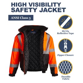 Bass Creek Outfitters Men's Safety Jacket - ANSI Class 3 Hi-Vis Waterproof Heavy Duty Workwear with Packable Hood (M-XXL), Size XX-Large, Orange Hi Vis