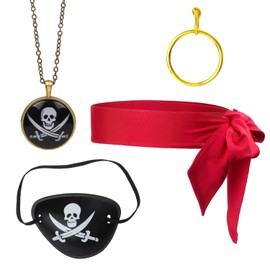 Beelittle Captain Pirate Costume Accessories Set Red Headband Pirate Skull Eye Patch Gold Earrring Necklace (Red 4)