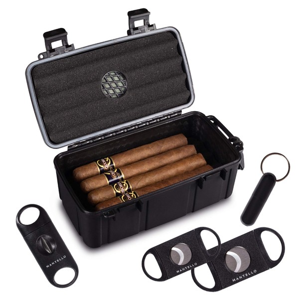 Mantello - Funda para 10 cigarros, incluye 2 cortadores de cigarros, 1 cortador de corte en V y 1 punzón de cigarros, funda de viaje a prueba de aplastamiento