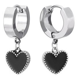 Pair Stainless Steel Huggie Hinged Hoop Earrings with Dangling Black Enamel Heart for Women
