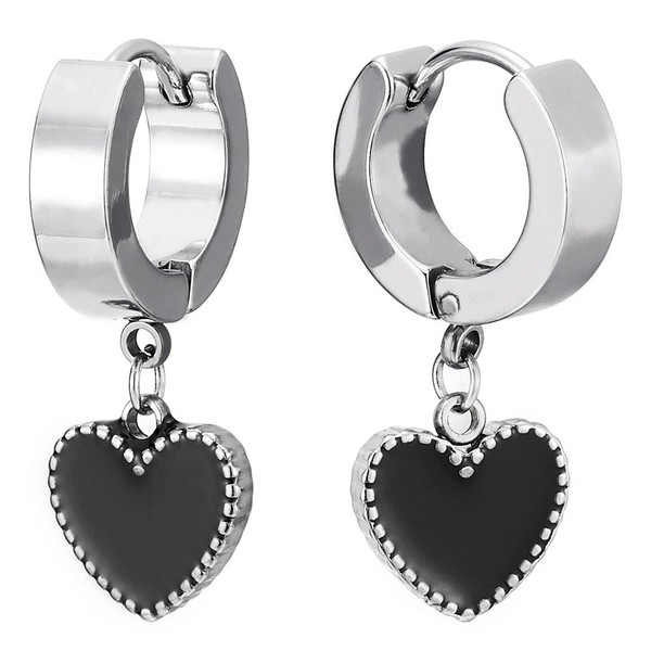 Pair Stainless Steel Huggie Hinged Hoop Earrings with Dangling Black