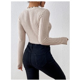 Floerns Women's Sweetheart Neck Long Sleeve Bodysuit Lettuce Trim High Waist Ribbed Knit Tops Apricot S