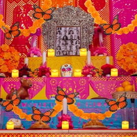 20 Pcs Dia De Los Muertos Ofrenda Day of The Dead Decoration Ofrenda Altar Set 2 Artificial Marigold Garlands 6 Monarch Butterfly 12 Flameless Votive Candles for Dia De Los Muertos Diwali(Orange)