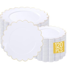 LIYH 120 Pcs White Plastic Plates Wedding Plates Disposable Heavy Duty Scalloped Plastic Plate Includes: 60 Dinner 10.25" & 60 Dessert Plate 7.5" Elegant Gold Rim Suitable for Bridal Shower Party