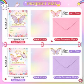 Sepamoon 24 Pcs Birthday Butterfly Invitations Party with Envelopes Floral Invitation Cards Stickers for Baby Shower Wedding Decor (Purple)