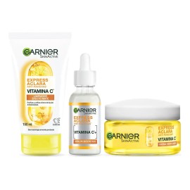 Kit Garnier Express Aclara Rutina Anti Manchas con Vitamina C, Gel Limpiador, Sérum Facial y Crema Hidratante FPS30, Hidrata, Ilumina y Unifica el Tono de la Piel