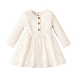 PATPAT Baby Girls Dress Infant Crewneck Solid Rib Knit Skirt Dress Fall Dress Long-Sleeve Dress 6-9 Months