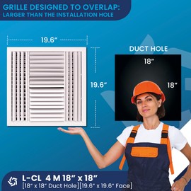 18" x 18" Duct Hole [19.6" x 19.6" Face] Aluminum 4-Way Vent Cover: Adjustable Curved Blade Air Supply Diffuser - Plastic Seal for Tight Fit, Quiet Air Flow, Multi-Shutter Damper