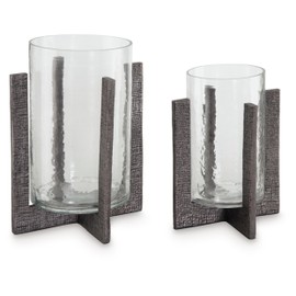 Signature Design by Ashley Garekton Casual Candle Holder Set for Pillar Candles, Set of 2, Gray & Glass