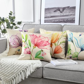 Artscope Waterproof Cushion Covers, Set of 4 Cushion Covers Breathable Cushion Case for Outdoor Balcony Patio Garden Farmhouse Decor 45 x 45 cm (Colourful Flowers and Butterflies, 45 x 45 cm)