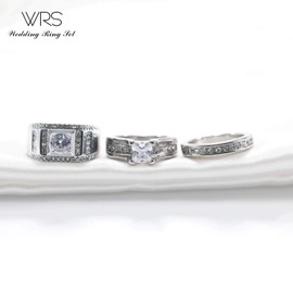 Two Rings His Hers Wedding Ring Sets Couples Matching Rings Women's 2pc White Gold Plated White CZ Wedding Engagement Ring Bridal Sets Men's Stainless Steel Band Wedding Band