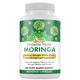 Organic Veda Moringa Leaf Powder Capsules, 1000mg, 360 Count - True Green Native Organic Moringa Oleifera, Premium Strength Nutrient Dense 100% Pure Leaves - Energy, Sleep & Immunity Support - Vegan